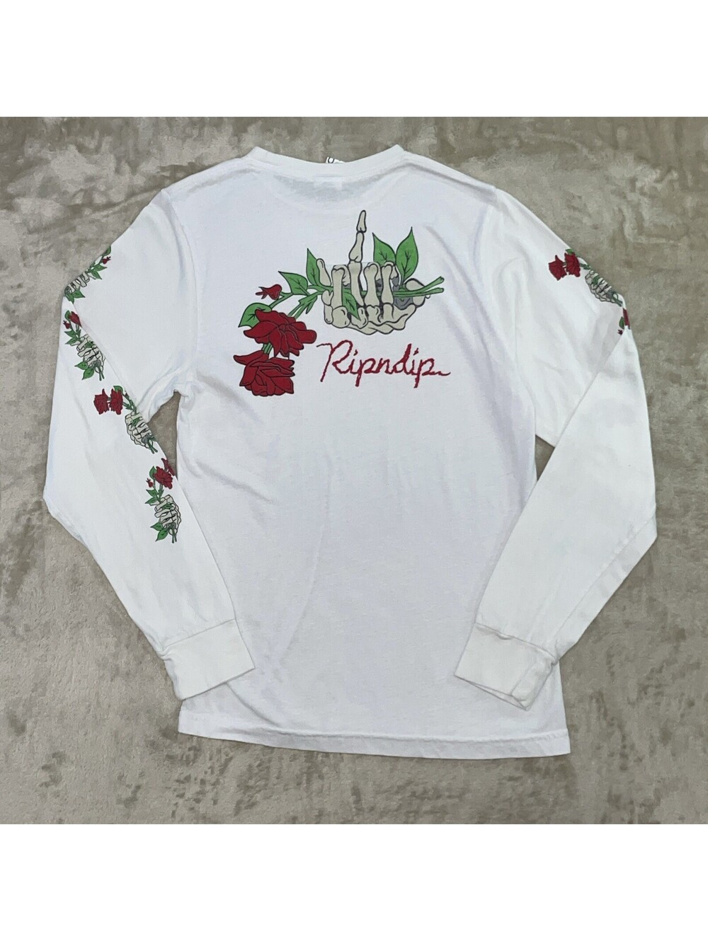RIPNDIP T Shirt Skeleton Middle Finger Long Sleeve White Tee Mens Size XS